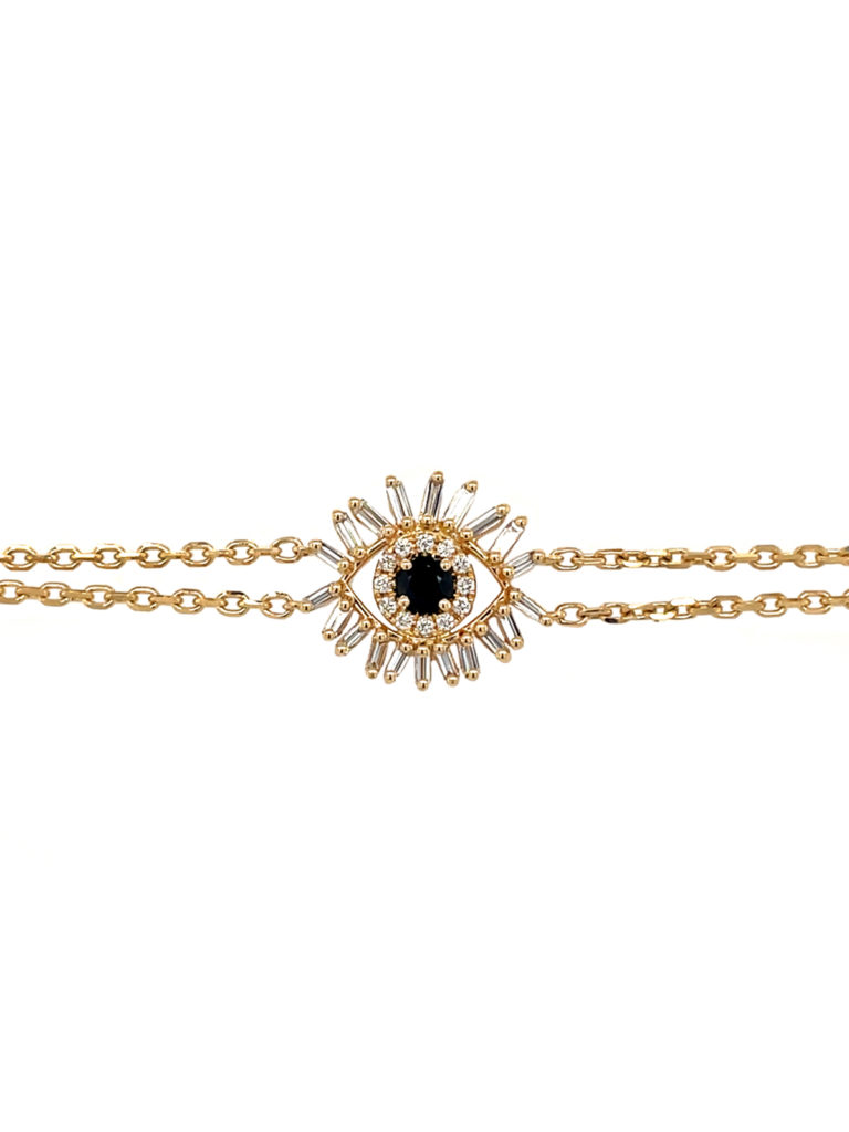 Suzanne Kalan evil eye bracelet centered with black sapphire and diamond pave eye is the perfect addition to any bracelet stack.