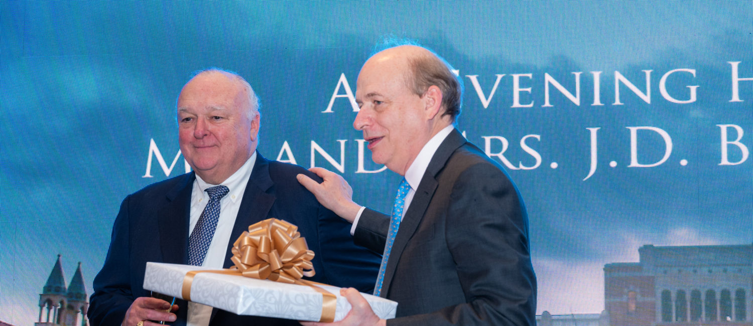 J.D. Bucky Allshouse receives Rice University honors for his 33-year tenure as Life Trustee from President David Leebron in festivities at River Oaks Country Club.