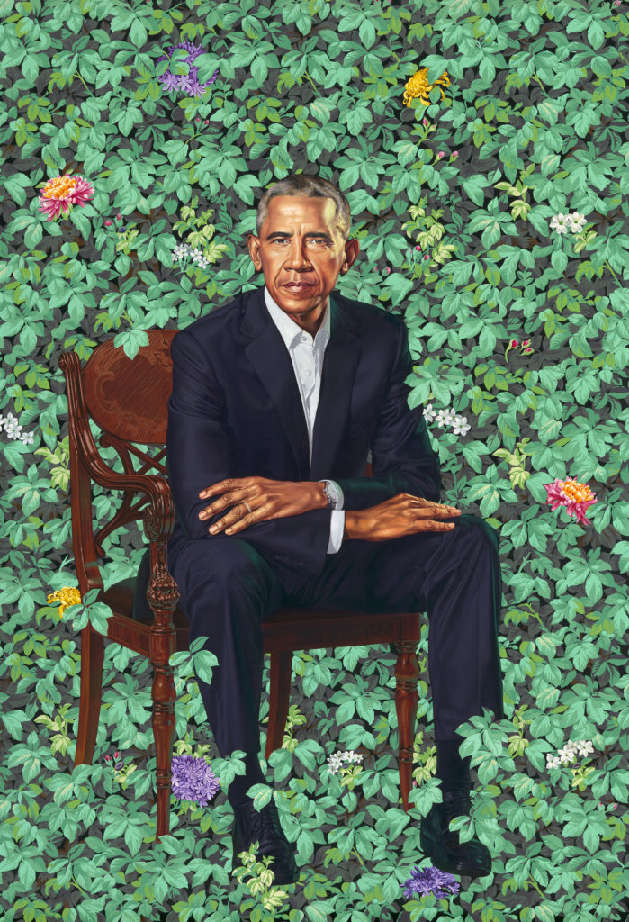Barack Obama, 2018, by Kehinde Wiley, oil on canvas, National Portrait Gallery, Smithsonian Institution. @2018 Kehinde Wiley. Photo courtesy of Museum of Fine Arts, Houston.