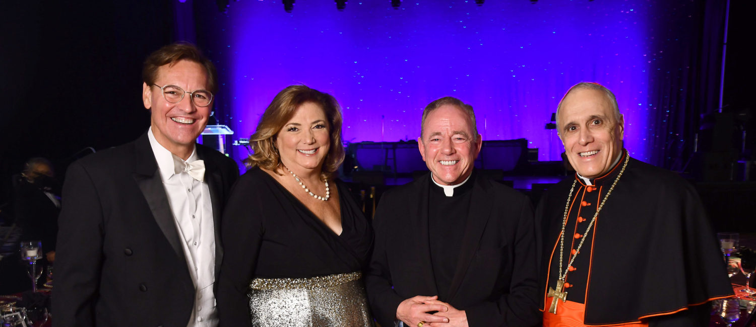 President Richard Ludwick and Melynda Ludwick with  Archbishop J. Michael Miller and Daniel Cardinal DiNardo at the University of St. Thomas 75th Anniversary Gala at the Hilton Americas Houston (Dave Rossman photo)
