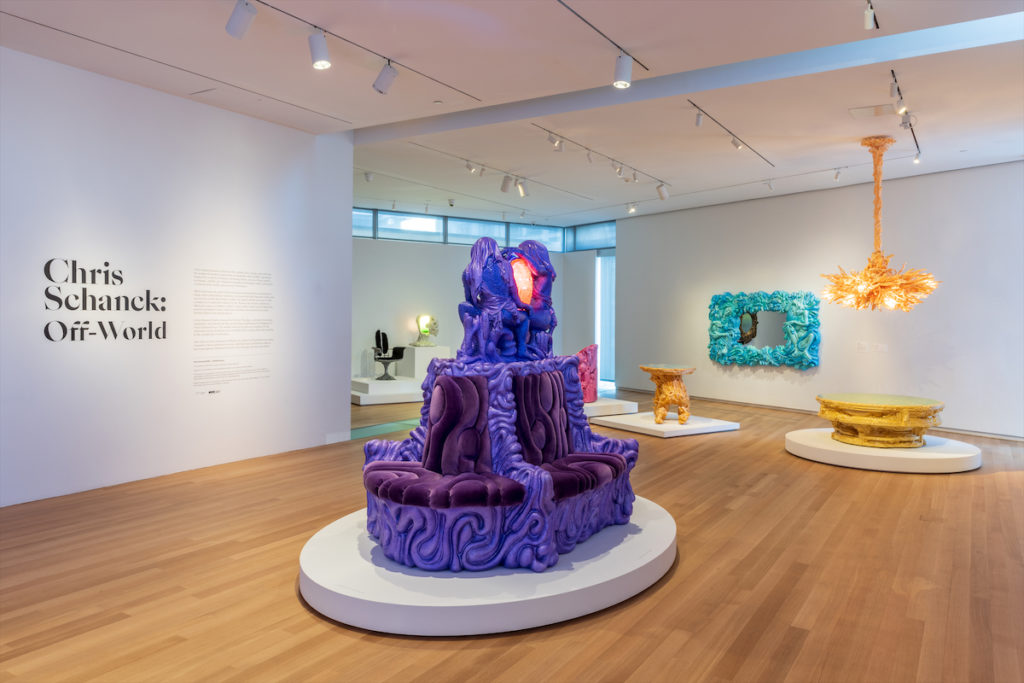 Mortal Bench, 2022, at“Chris Schanck: Off-World,” Museum of Arts and Design, New York, 2022. (photo by Jenna Bascom) 