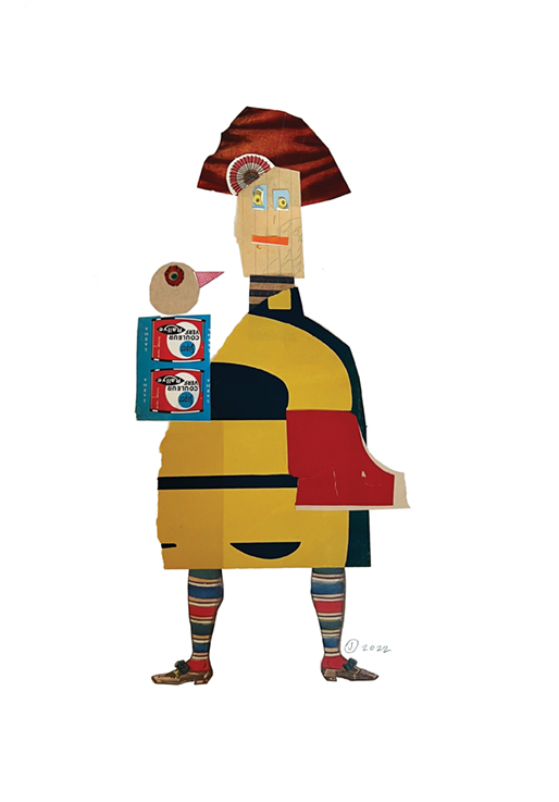 Jerry Jeanmard's "Bird man with striped stockings," 2022, at Red & White Gallery. The Houston artist is known for his droll figures collaged from vintage ephemera.  
