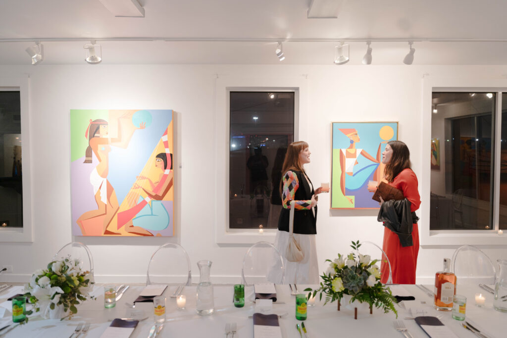 Emily Henderson, Katherine Stephens at "Colorful Wave, White Sea" dinner at W.A.A.S. Gallery (Photo by Demetri Sheffield)