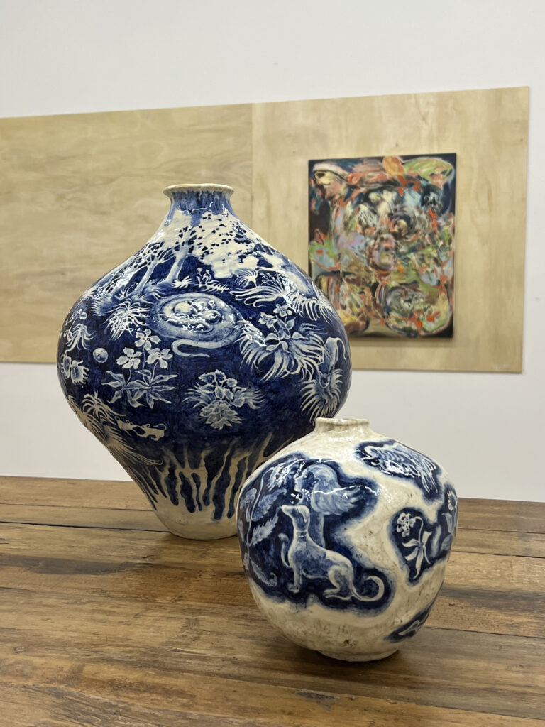 Mari Tanimoto's "Hide the Eggs" and "Foggy Pot 2" (Image courtesy the artist and Peter Augustus Gallery)