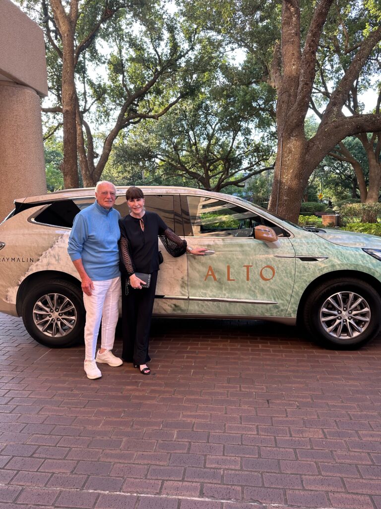 Shafik Rifaat & Shelby Hodge catch a lift to a weeknight party in the Gray Malin Alto art car.