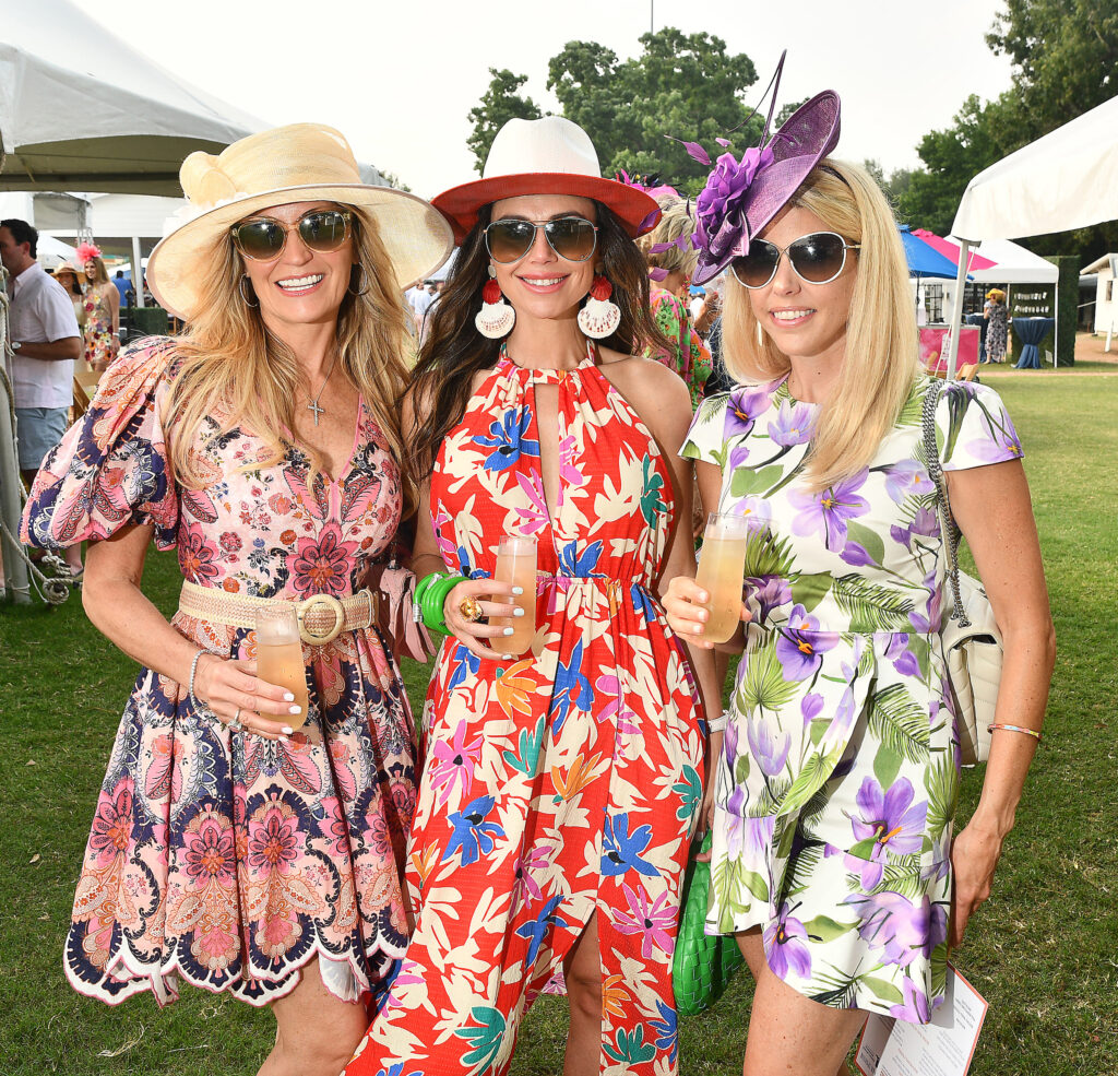 Laura McNear, Nadine Boutros, Missy Glass at the Bo's Place Hats, Hearts & Horseshoes Kentucky Derby party at Houston Polo Club. (Photo by Dave Rossman)