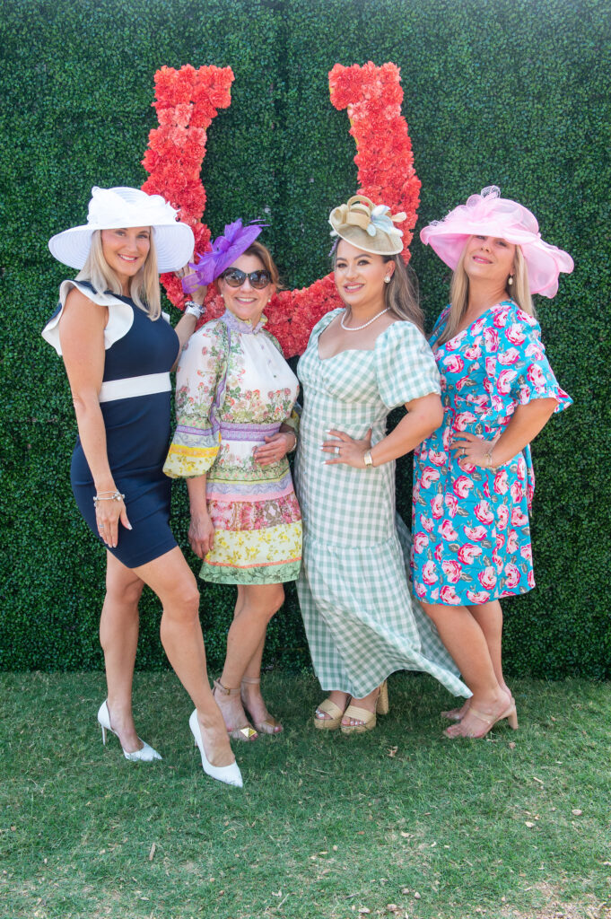 March Heschel, Debbie Gregg, Perla Guerra, Christina Boston at the Bo's Place Hats, Hearts & Horseshoes Kentucky Derby party at Houston Polo Club. (Photo by Jacob Power)