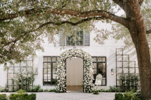 The entrance to The Peach Orchard's chapel is covered by oaks, and is just steps away from the ballroom.