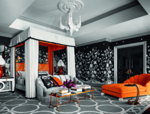 AD_RuPaul’s bedroom with snake table from Blackman Cruz, Dorothy Draper plaster chandelier and rug from The Rug Company. _260 (Photo by Douglas Friedman)