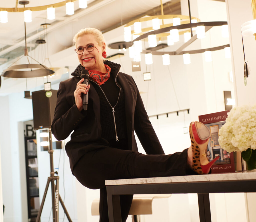 Alexa Hampton in Halloween face at Visual Comfort & Co.