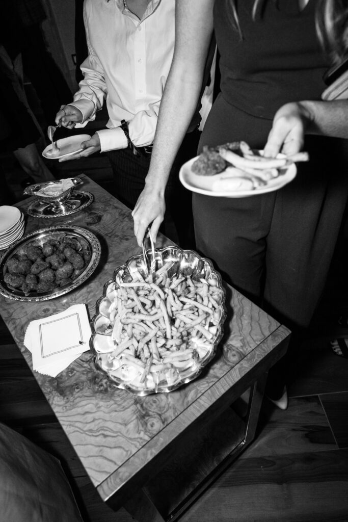 Chicken Bites and Fries served on trays of polished silver (Photo by Rebecca Patton, BECKLEY)