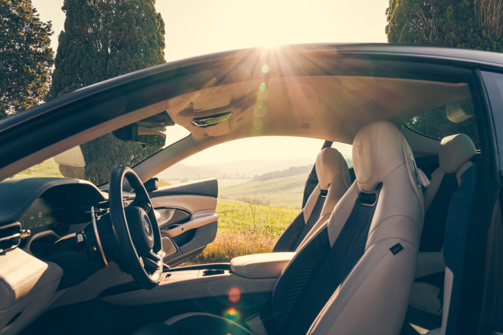 From behind the gorgeous steering wheel, the driver faces a non-traditional digital instrument cluster that straddles the steering column cover in an effort to achieve a "perfect viewing angle." (Courtesy Maserati)