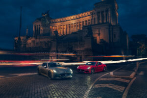 Maserati GranTurismo Trofeo in red and Folgore all-electric in copper, in Rome (4)