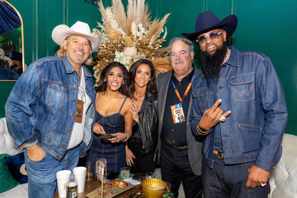 Rodeo Houston, Pete Bell, Zinat Ahmed, Hannah and Cal McNair, and Slim Thug enjoying caviar, champagne, and good conversation in the Gold Pony Lounge; photo courtesy of Cotton Holdings, Inc.