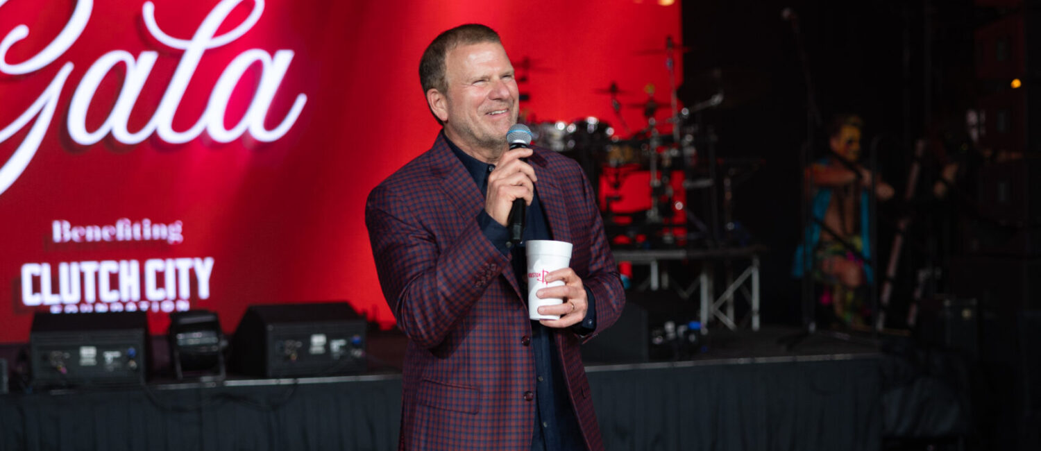 Rockets owner and hospitality magnate Tilman Fertitta addresses guests at the Houston Rockets Clutch City Foundation gala at the Post Oak Hotel.