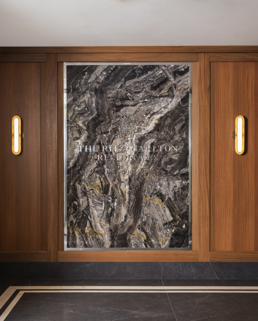 The entryway at the new sales gallery for The Ritz-Carlton Residences, The Woodlands shows off the kind of luxury finishes you can expect in the first standalone Ritz-Carlton residential project in Texas. (Courtesy Howard Hughes)