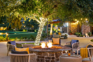 A fire pit on the patio at Back Table is a great gathering place all year round.