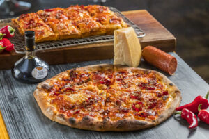 Lanny Lancarte’s soppressata, chorizo and balsamic glazed Fresno pepper pizza.