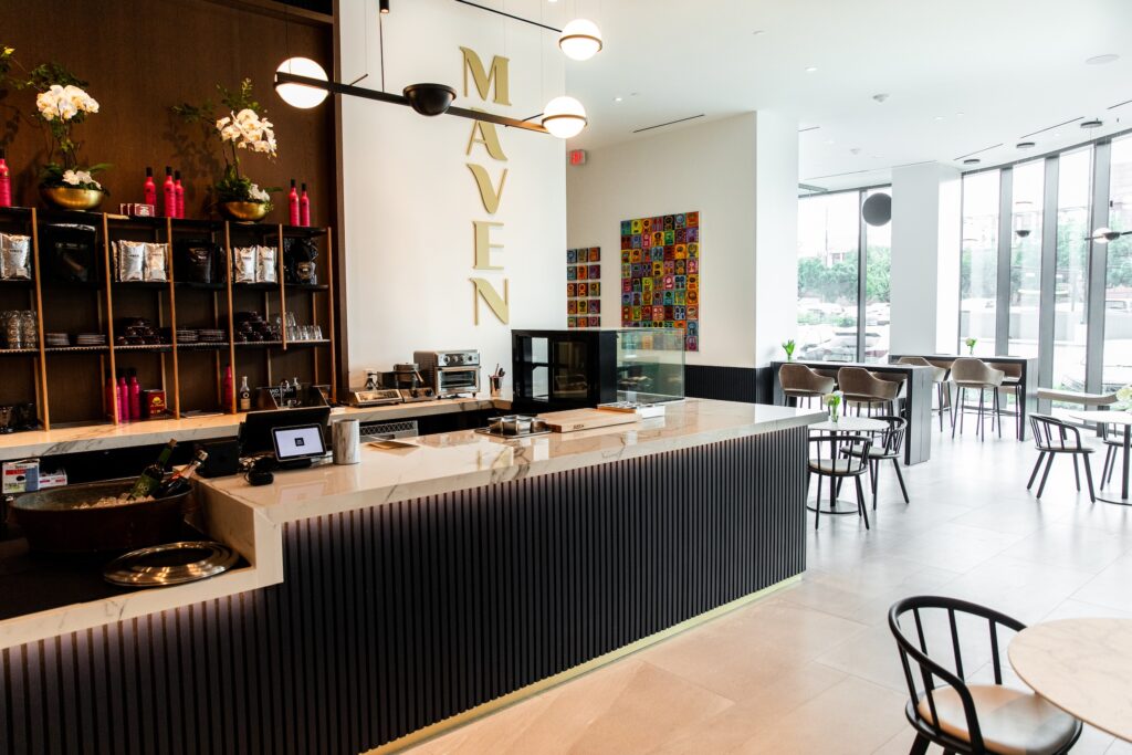The stylish environs of the first bricks-and-mortar outpost of Maven Coffee + Cocktails fits right in with The Thompson hotel. (Photo by Becca Wright)