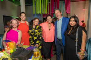 Eleanor Williams, Katy O’Neal, Julie Cushman, Becky Restum, Scott Restum, Sanaa Sahi at the 2024 Glasstire Party and Auction (Photo by Jenny Antill)