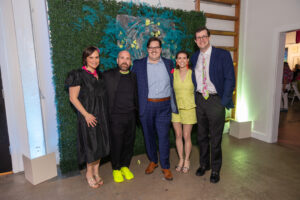 Gala Chairs and Glasstire’s Publisher — Sarah Labowitz, Peter Molick, Brandon Zech, Julia Harris, Dalton Harris at the 2024 Glasstire Party and Auction (Photo by Jenny Antill)
