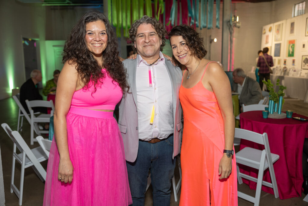 Glasstire guest editor Leslie Moody Castro, Glasstire editor-in-chief Gabriel Martinez, Fabiola Menchelli at the 2024 Glasstire Party and Auction (Photo by Jenny Antill)