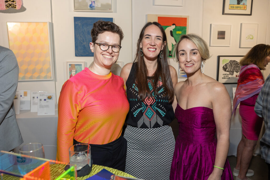 Hélène Schlumberger, Sharon Graham, Sarah Sudhoff at the 2024 Glasstire Party and Auction (Photo by Jenny Antill)