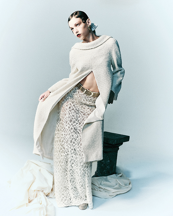 Chanel iridescent fantasy tweed dress and skirt, belt $4,150, earrings $500, tights $1,025, and silk twill scarf (in hair) $375, at Chanel Highland Park Village.  (Photo by Enmi Yang)