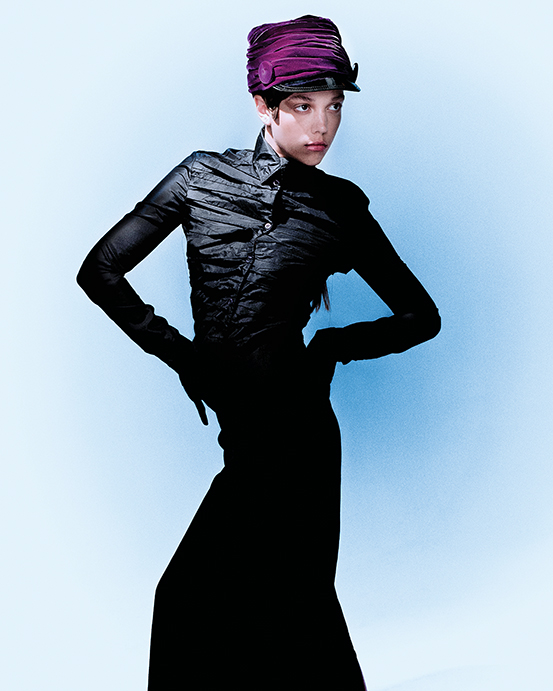 Prada shirt, skirt, and hat $1,820, at the Prada boutique, Saks Fifth Avenue, farfetch.com, modaoperandi.com, net-a-porter.com.  (Photo by Enmi Yang)