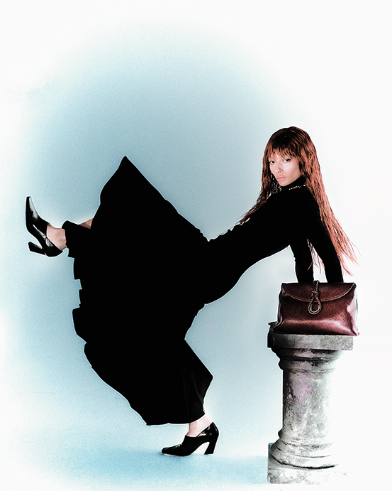 Bottega Veneta Liberta bag, dress and Lewis pump, at the Bottega Veneta boutique, Neiman Marcus, Saks Fifth Avenue, farfetched.com, modaoperandi.com, net-a-porter.com.  (Photo by Enmi Yang)