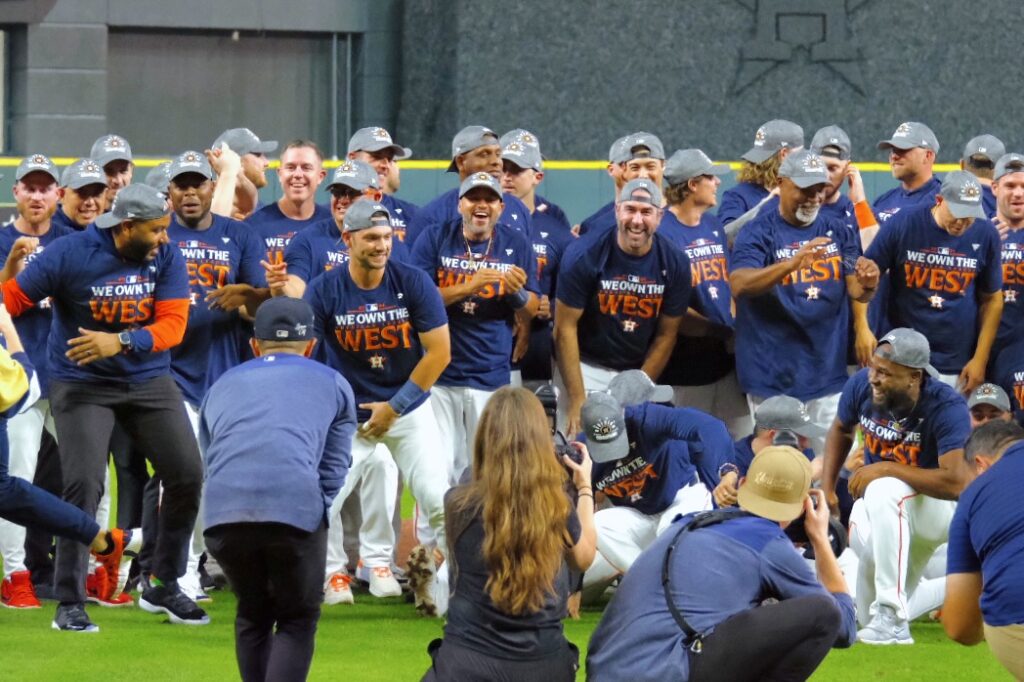 The Houston Astros are used to posing for these winning clinch night team pictures. (Photo by F. Carter Smith)