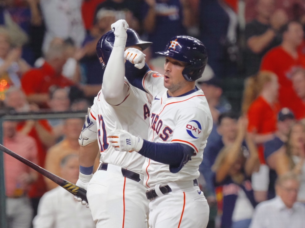 Alex Bregman celebrated a monster home run in what could be the last regular season home game he ever played as an Astro. Barring a Carlos Correa-like future year return. (Photo by F. Carter Smith)