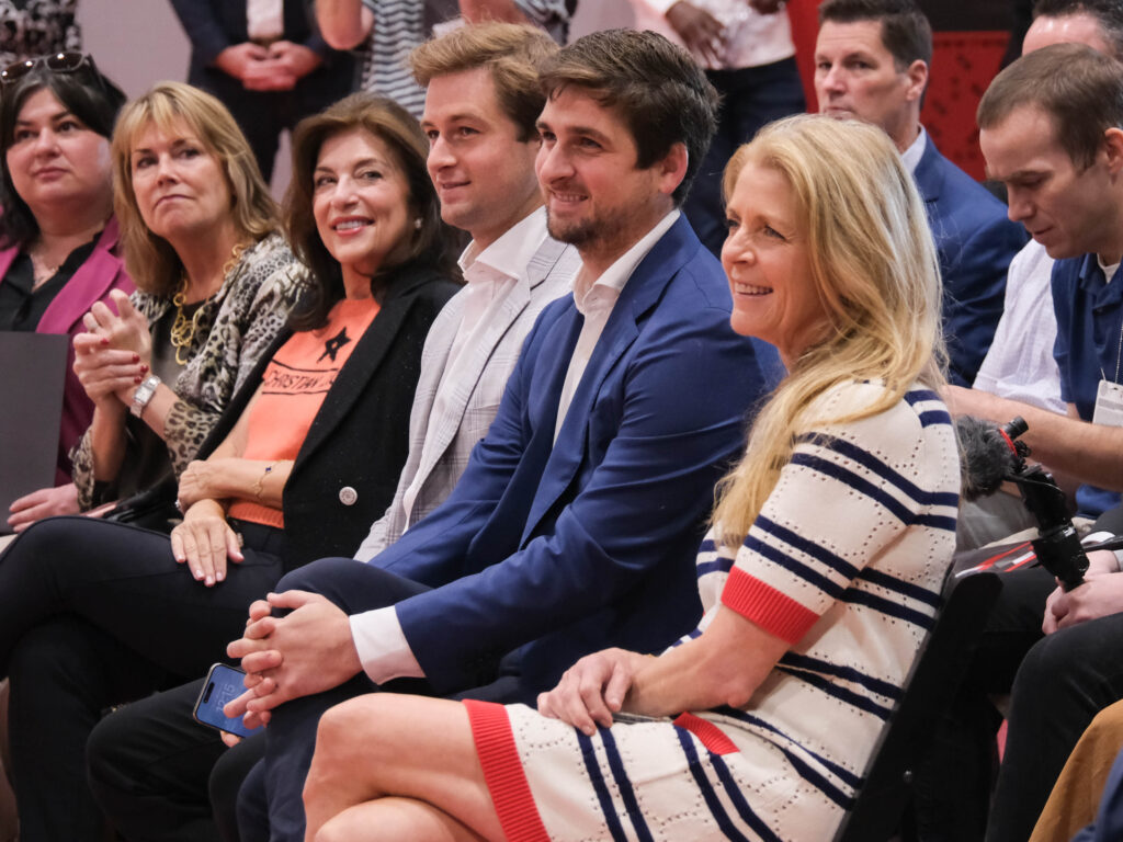 Dancie Ware, Patrick Fertitta, Blake Fertitta and Paige Fertitta sat in the front row at the official grand opening of the new Memorial Hermann Houston Rockets Training Center. (Photo by F. Carter Smith)