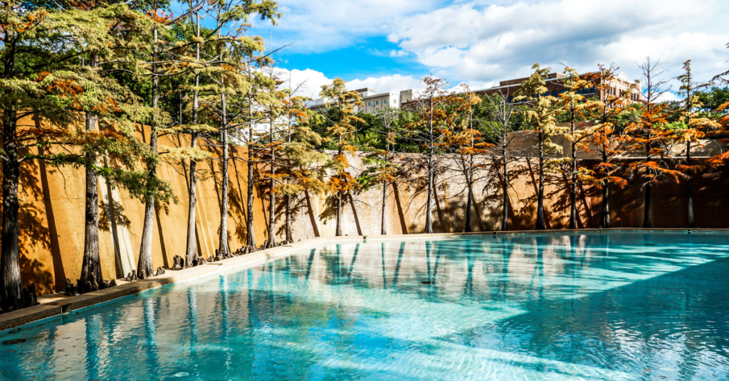 Water Gardens - tranquil oasis pool is a meditative space by architect Phillip Johnson.