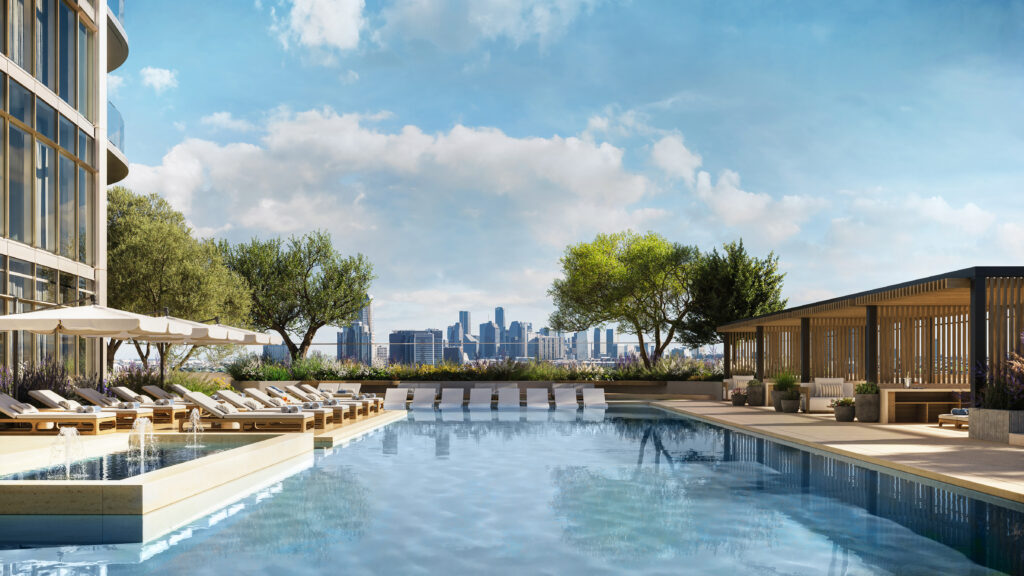The ninth floor pool deck at the St. Regis Residences, Houston includes oversized cabanas and poolside food and drink service. (Rendering courtesy of Shimahara Visual)