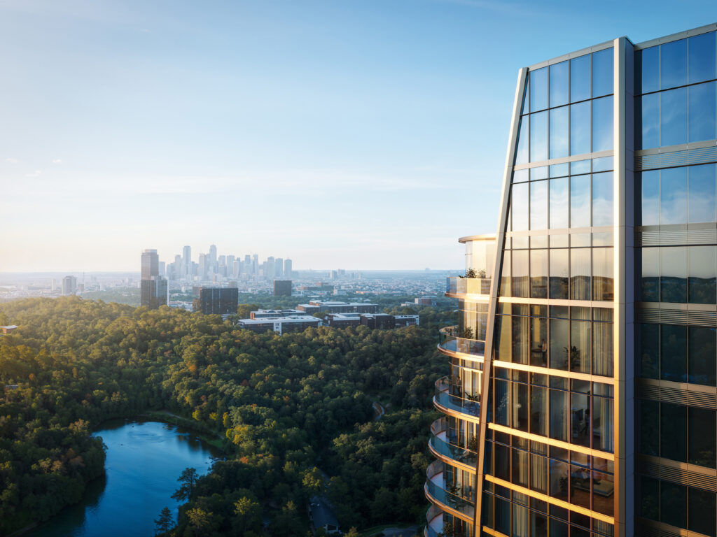 View to downtown from the crown of the St. Regis Residences, Houston, design by Pickard Chilton. (Rendering courtesy of Shimahara Visual)