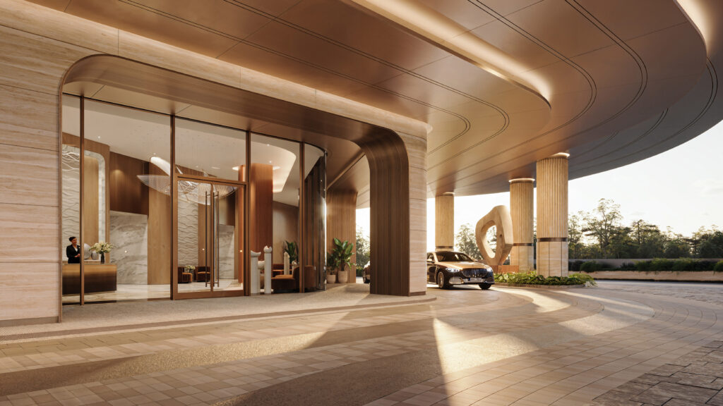 A second view to the dramatic porte-cochere entrance at the St. Regis Residences, Houston. (Rendering courtesy of Shimahara Visual)