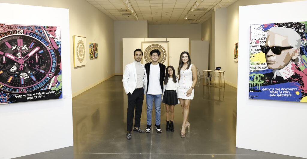 Nick, Zaryan, Zenya, and artist Sneha Merchant at her pop-up solo exhibition "Live In Color." Merchant's pop art pieces will be on view in River Oaks District through Sunday, December 15. (Photo by Quy Tran)