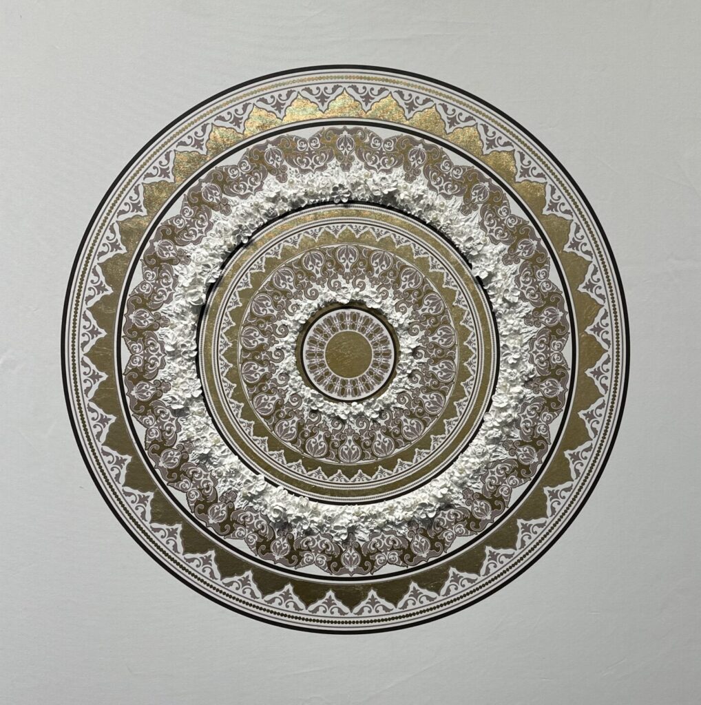 Sneha Merchant's "Gold and White Divine Mandala," 2024, at "Live In Color," in River Oaks District (Photo by Quy Tran)