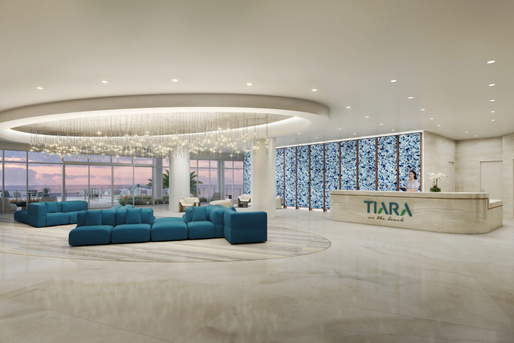 The lobby at Tiara on the Beach exudes the sophisticated grandeur of the 10-story condo development. (Rendering courtesy of Bogza)