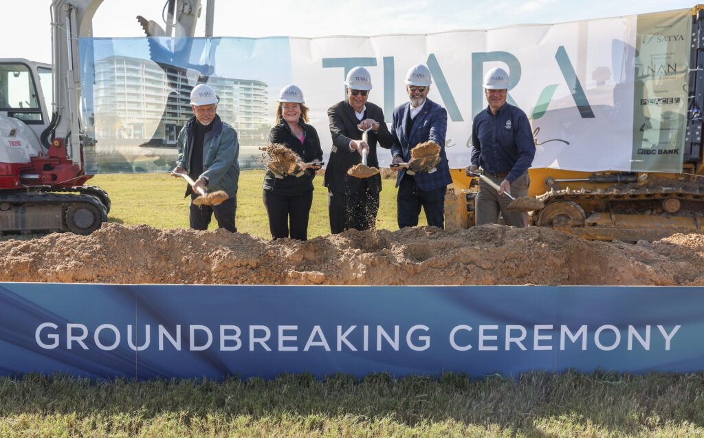 Steven Biegel, Marie Robb, Sunny Bathija, Jeff Samles, Tim Tietjens dig in for the Tiara on the Beach groundbreaking  (Photo by Leslie Plaza Johnson)