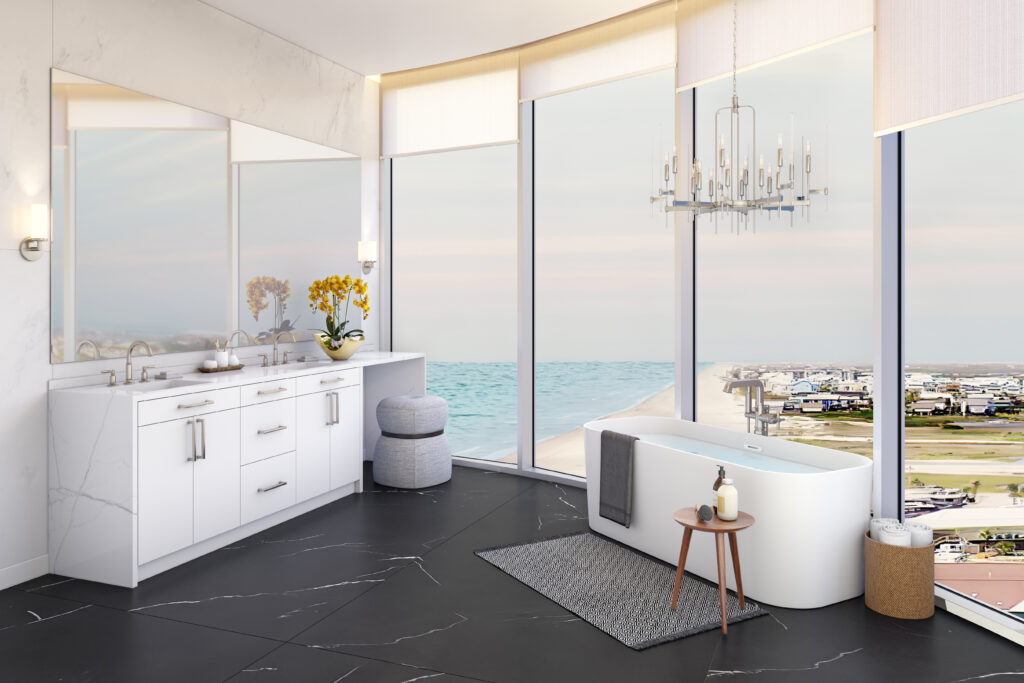 The elegant bath in an Olivia unit in Tiara on the Beach, Galveston. (Rendering courtesy of Bogza)