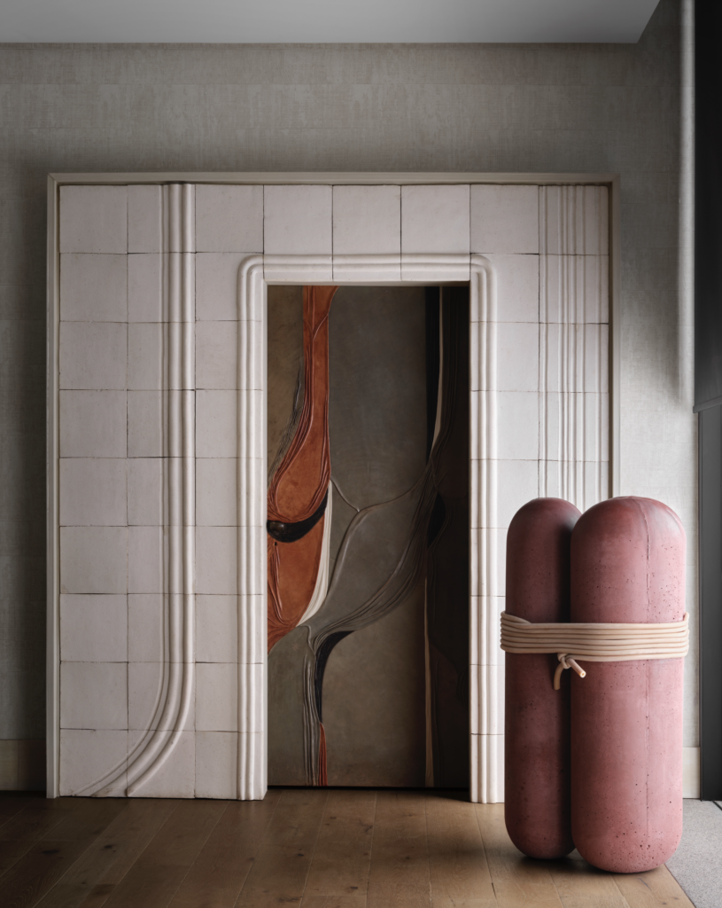Leather door and ceramic frame, circa 1980s, by artists Jean and Françoise Ledru, Paris. Floor sculpture by Tezontle Studio. (Photo by Douglas Friedman)