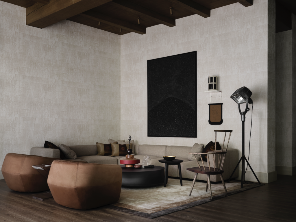 A Beatriz Zamora painting anchors a corner of the living area, with a Walter Knoll sofa, De La Espada Windsor chair, pair of American Leather chairs, Poliform coffee table from Scott + Cooner. Vintage theater floor lamp from Paul Bert Serpette, Paris. Élitis wallpaper from George Cameron Nash. 
Rug custom-designed by Ten Plus Three.  (Photo by Douglas Friedman)