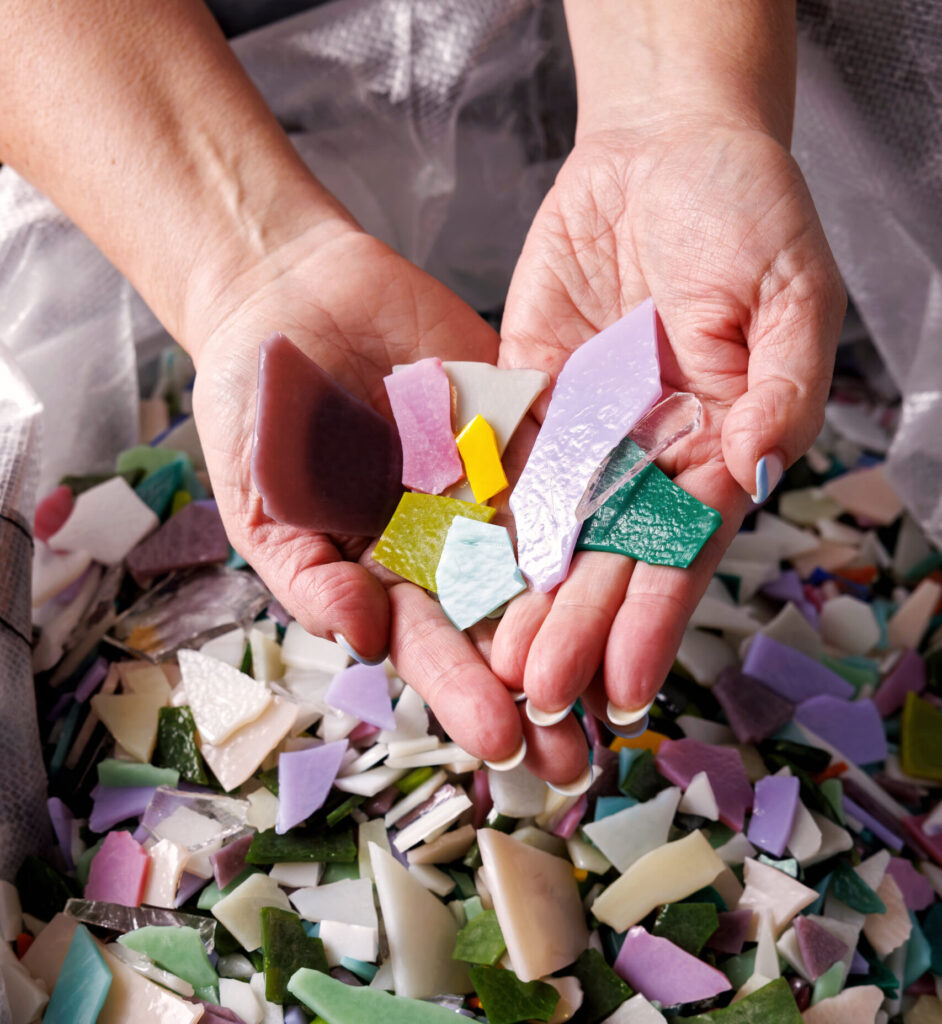 For this show, Anna Curnes says she threw a bag full of glass off the gallery's roof to get the pieces she uses in her art. (Photo by Sara Kerens)