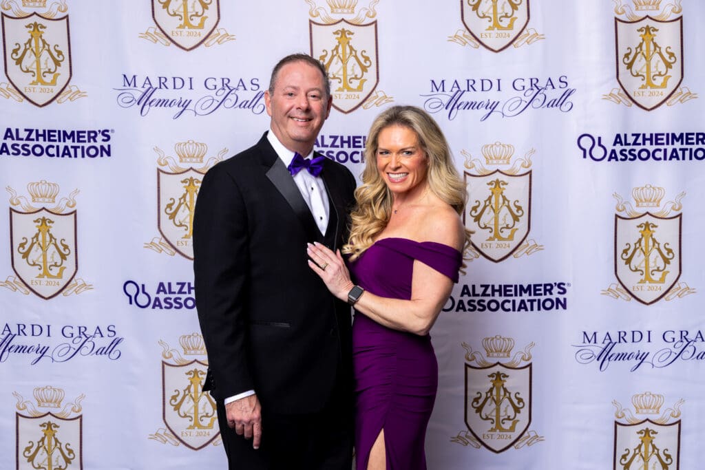 Charissa and Russ Kovin, Krewe King and Queen for 2025, at the Memory Ball supporting the Alzheimer's Association. (Photo courtesy of Focus Photography Woodlands)