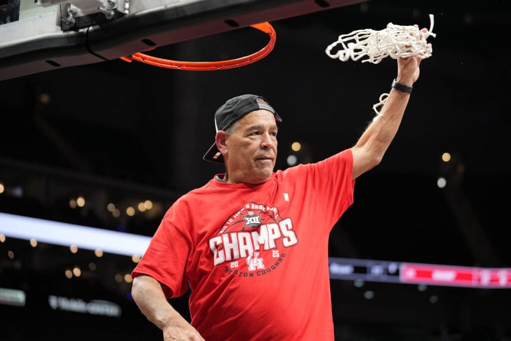 Kelvin Sampson is the king of net cutting for the University of Houston. (Photo by Denny Medley/Big 12 Conference)