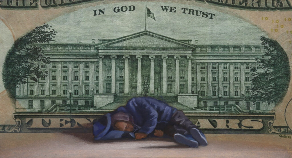 "Forgotten Men 10 - In God We Trust," oil and paper on wood by John Slaby, explores themes of homelessness and compassion. (Photo courtesy Empty Bowls Houston)