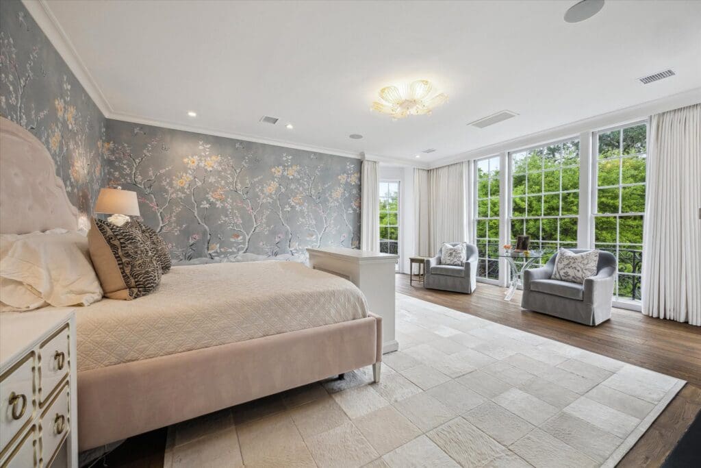 Hand-painted wallpaper in the primary bedroom at 3 Remington Lane. (Photo by TK Images)