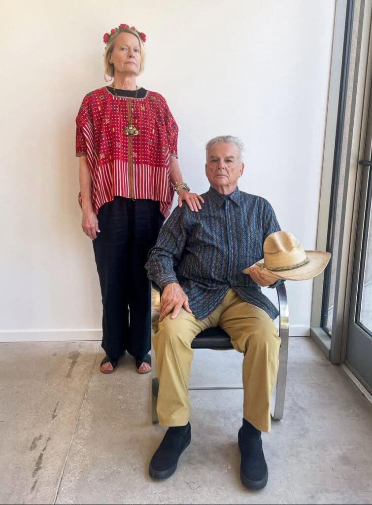 PDNB gallerists Missy and Burt Finger posing as Frida and Diego, July 6, 2024. The couple is known for their balance of intellect and wit. 